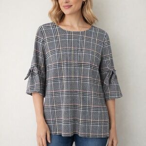 Jules & Leopold Plaid Tie Sleeve Blouse Large